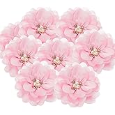 PATIKIL 3.15 Inch Chiffon Flowers, 10 Pcs Fabric Flowers Rhinestone Pearl Large Camellia Sewing Appliques for DIY Crafts Dresses Clothing Headbands Wedding Party Decoration, Pink