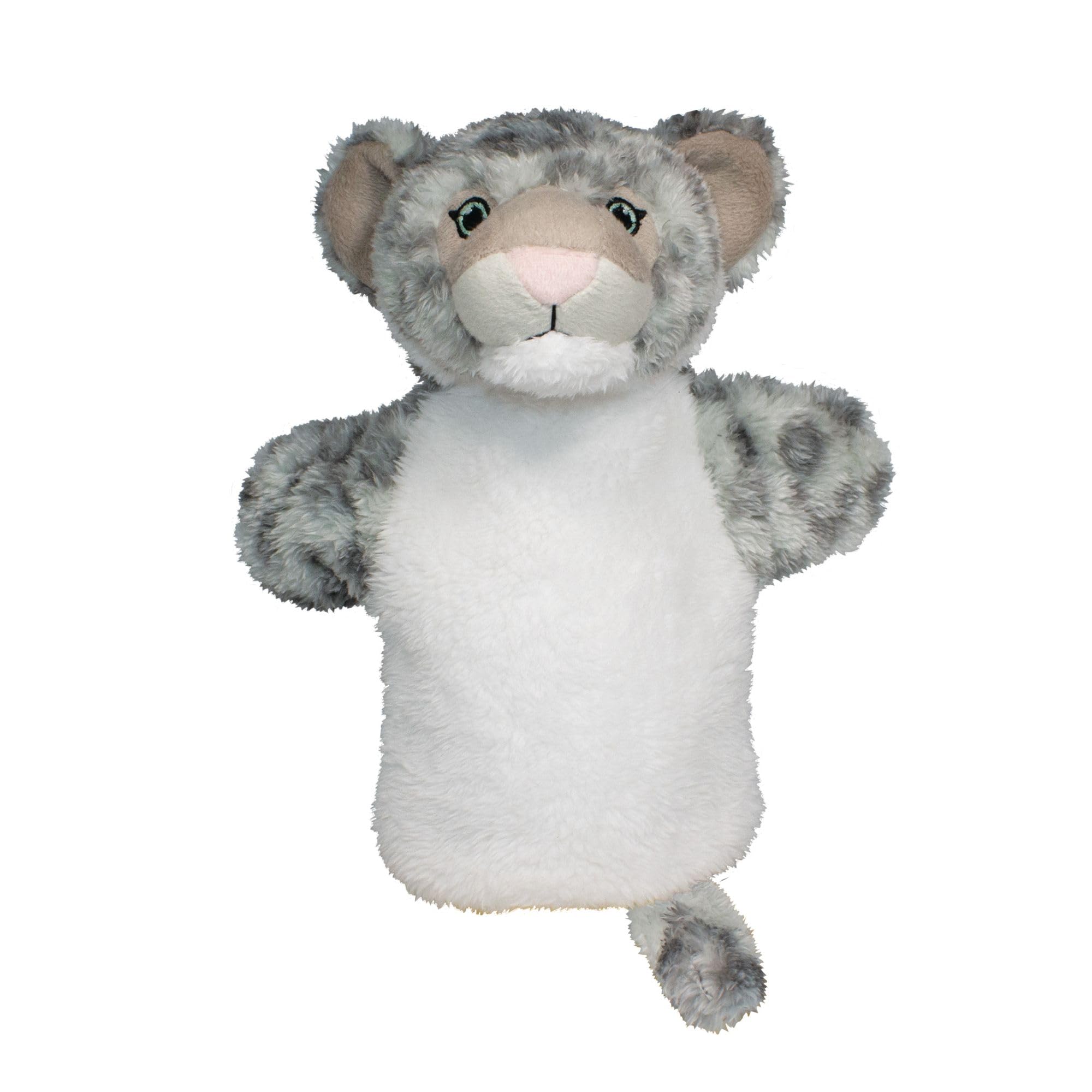 EcoBuddiez Hand Puppet - Snow Leopard from Deluxebase. Plush Puppets made from Recycled Plastic Bottles. Eco-Friendly Animal Toy for Pretend Play, Kids Gifts and Party Favours.