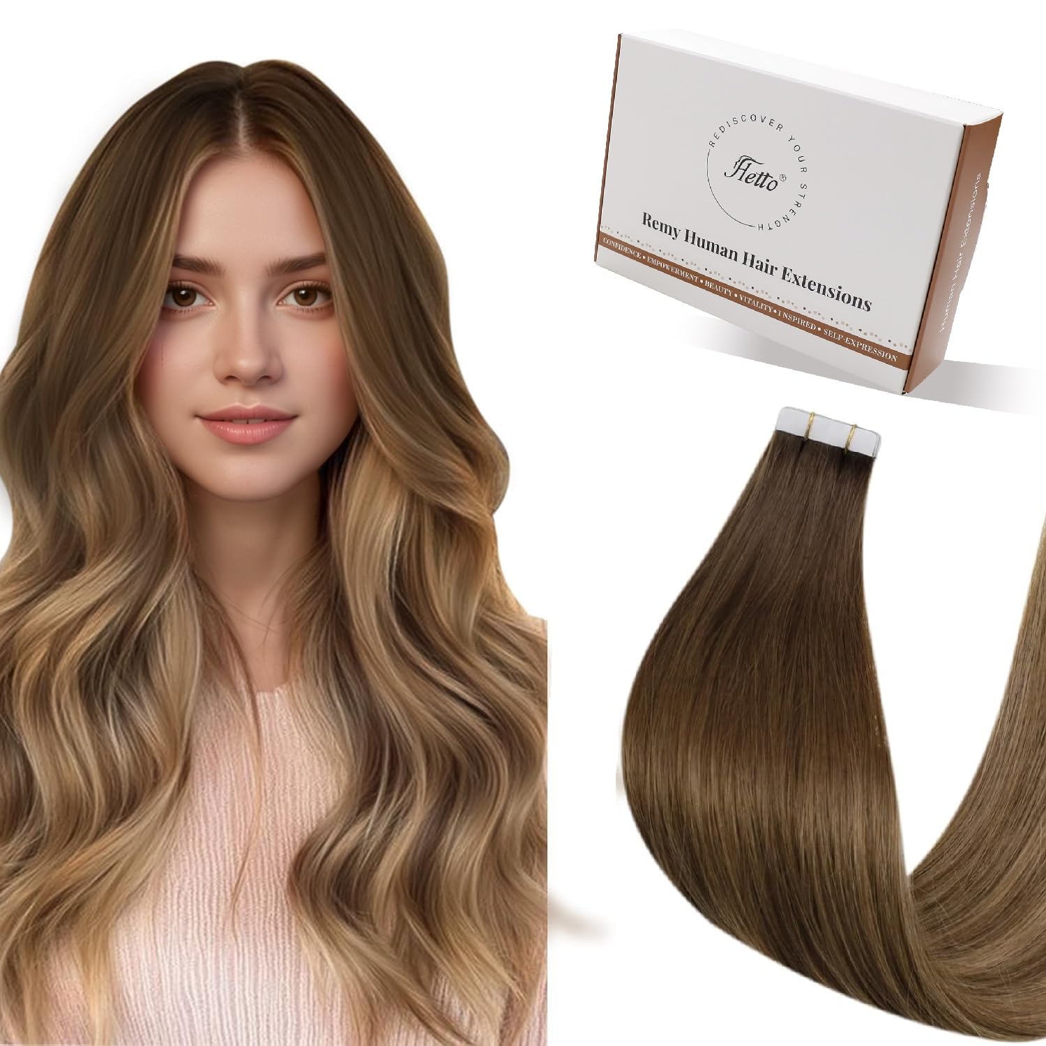Hetto Tape in Hair Extensions Human Hair Balayage Brown to Blonde 18 Inch - Invisible Tape in Real Human Hair Brown Ombre, Straight Easy Wear Tape Ins for Wedding 50g 20pcs #6/8/14 — image 1