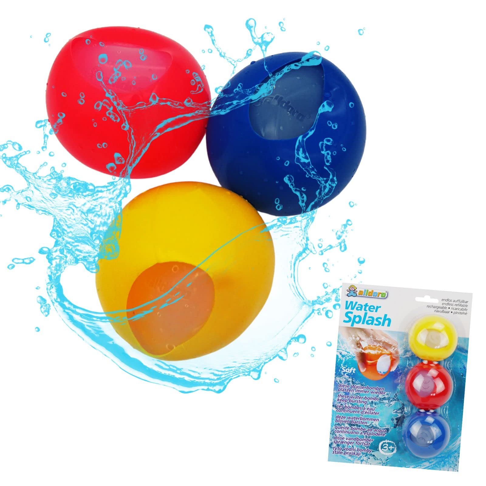 alldoro 63027 Water Splash Set of 3 Water Bombs, Water Balloons Reusable & Self-Closing Water Balloon for Garden, Beach & Party, for Children from 3 Years & Adults, Yellow/Red/Blue
