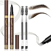 2PCS Microblading Four-Tip Eyebrow Pen with 2 Brushes (Dark Brown) | Waterproof Eyebrow Pencils for Women, 0.1MM Micro-Fork 4 Tip, Ultra-Precise Eye Brow Pencil for Natural Full Hair-Like Brows