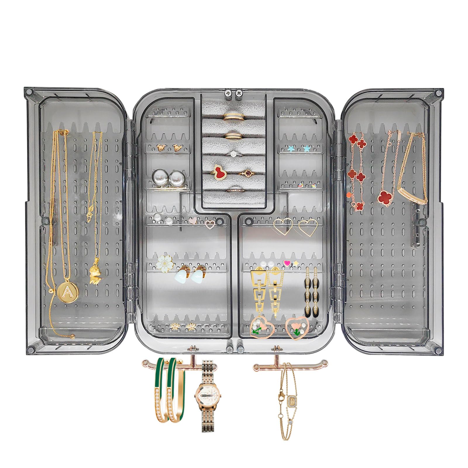 Photo 1 of Qryval Wall Mounted Jewelry Organizer, No Punching Installation, Hanging Jewelry Organizer Box and Storage Case, Necklace Earring Holder Organizer Wall for Women Teen Girls (Gray Gold)