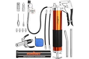 HORUSDY 18-Piece 8000PSI Heavy Duty Grease Gun Kit with 14oz Grease, 2x11" Hoses, Flex Hose, Extension Pipes, Lock Coupler, Injector, Sharp Nozzle for Vehicle, Farm, Workshop, Marine, Easy Operation Tool