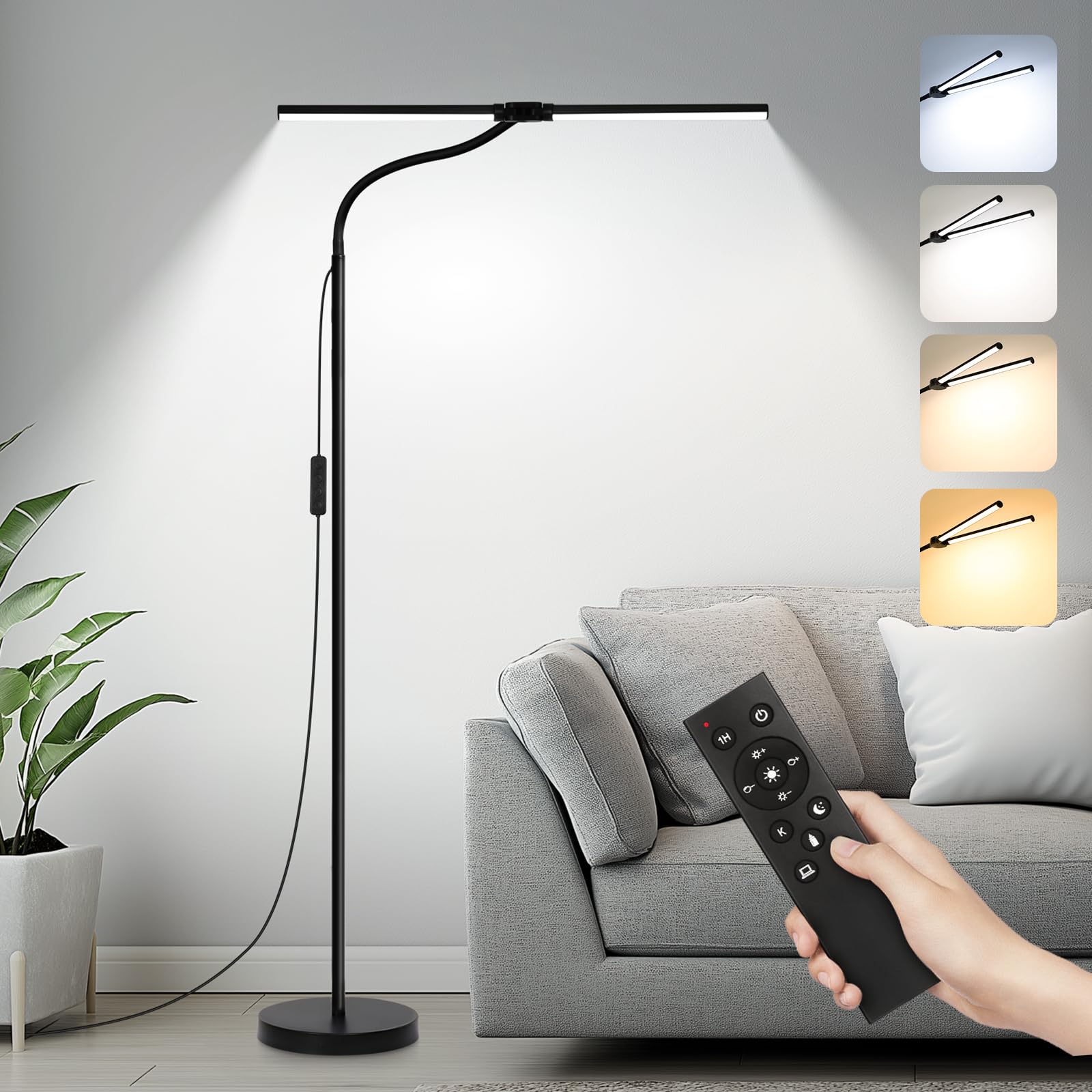Photo 1 of LED Floor Lamp with Remote Control, Bright 15W Floor Lamps for Living Room with Double Head, Adjustable Gooseneck Standing Lamp, Eye Caring Reading Light for Eyelash Extetions Craft Office