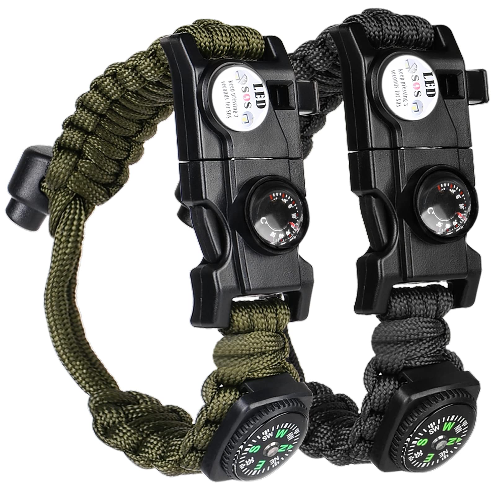 flintronic Paracord Survival Bracelet, 2 Pack Survival Kit Bracelets, 8 in 1 Multifunctional Paracord, 100dB Whistle, Compass, Wild Camping Equipment Kit for Emergency