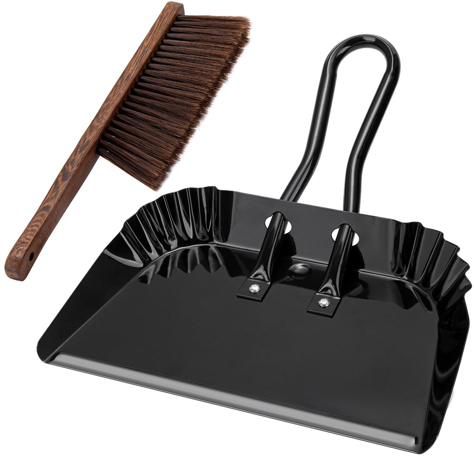 Photo 1 of 17In Extra Large Dust pan and Brush Set,Commercial Heavy-Duty Dust Pans and Wood Broom,Clip on Dust Pan Metal Edge Flat Against Floor for Patio/Pet/Car/Outdoor-Rubber Coated Easy to Grasp Handle