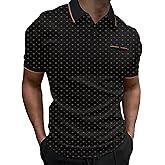 WDIRARA Men's Golf Polo Shirts Button Front Allover Print Tennis Shirts Collared Neck Casual Work T-Shirt