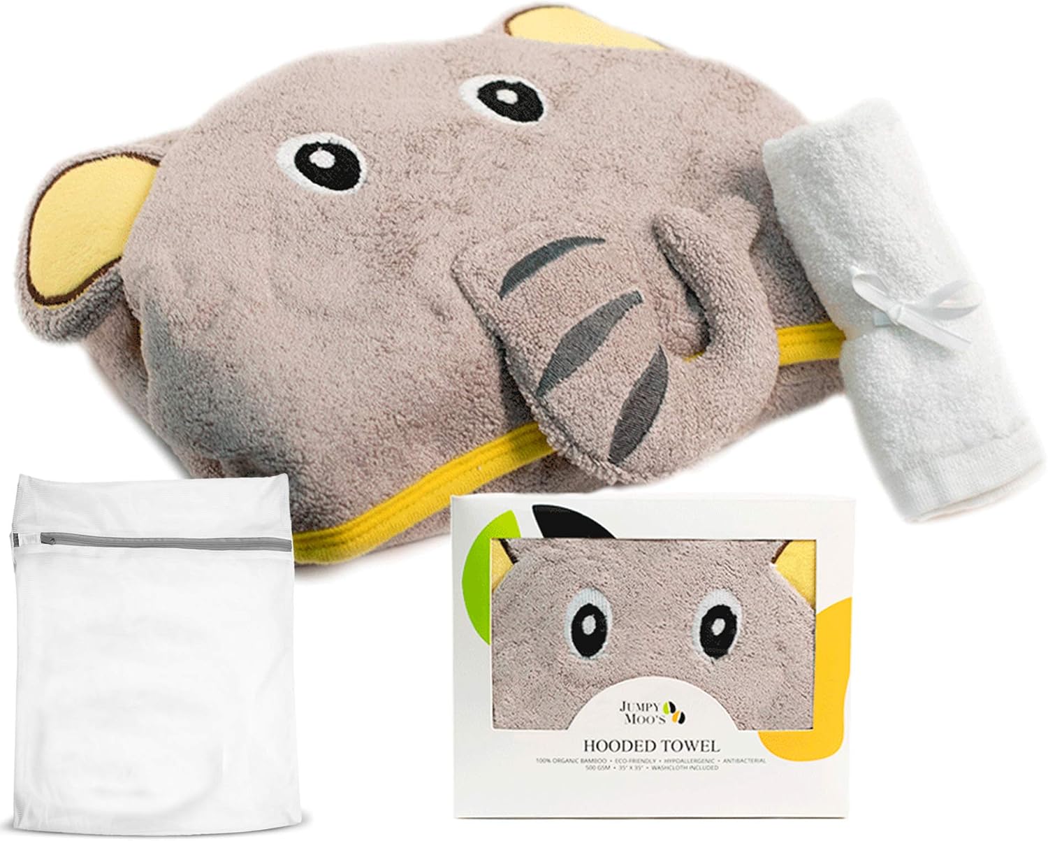 Hooded Baby Towel - Ultra Soft Large Bath Towels - Bamboo, Hypoallergenic, Highly Absorbent for Infants, Newborn & Toddlers - Perfect Baby Gift with Washcloth & Laundry Bag - Happy Elephant