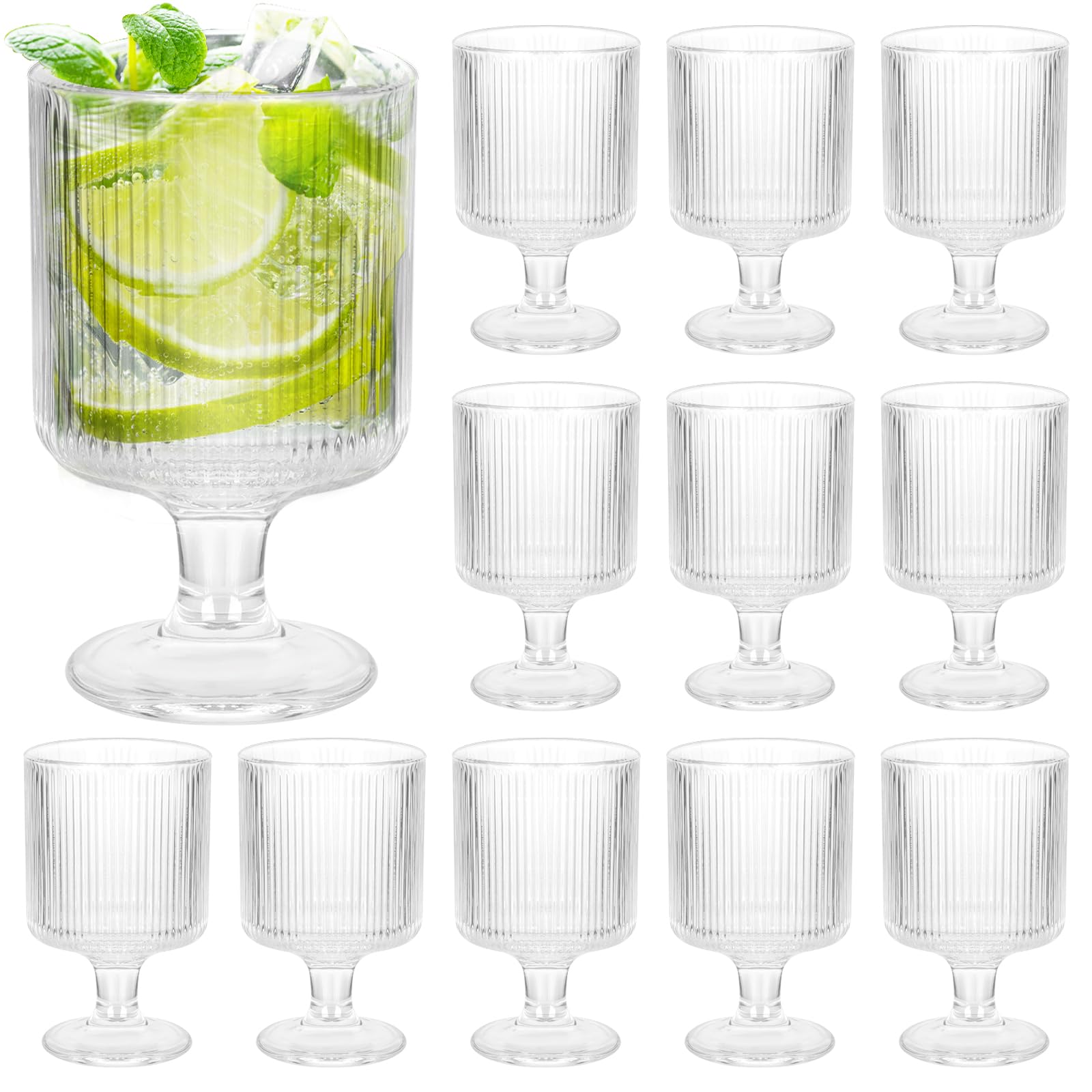 Photo 1 of 12Pcs Vintage Ribbed Wine Glasses, 8 oz Origami Style Goblet Glasses, Clear Short Stem Water Goblets, Cocktail Glasses Glassware for Iced Tea, Beer, Juice, Whiskey, Party