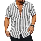 Runcati Mens Striped Button Down Shirts Casual Short Sleeve Linen Shirt Summer Beach Vacation Tops