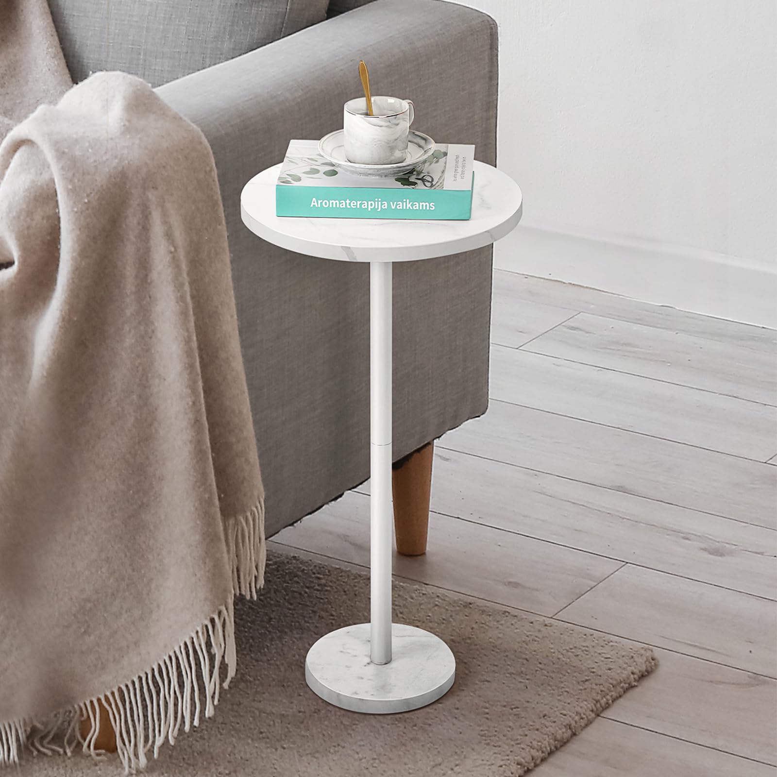 Smusei Small Black Round Coffee Table With Marble Base for Living Room, Bedroom - 32 cm Side Table for Small Space, White