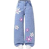 BEAUDRM Girl's Floral Baggy Jeans Cute Wide Leg Denim Pants Elastic Waist Denim Jeans with Pockets