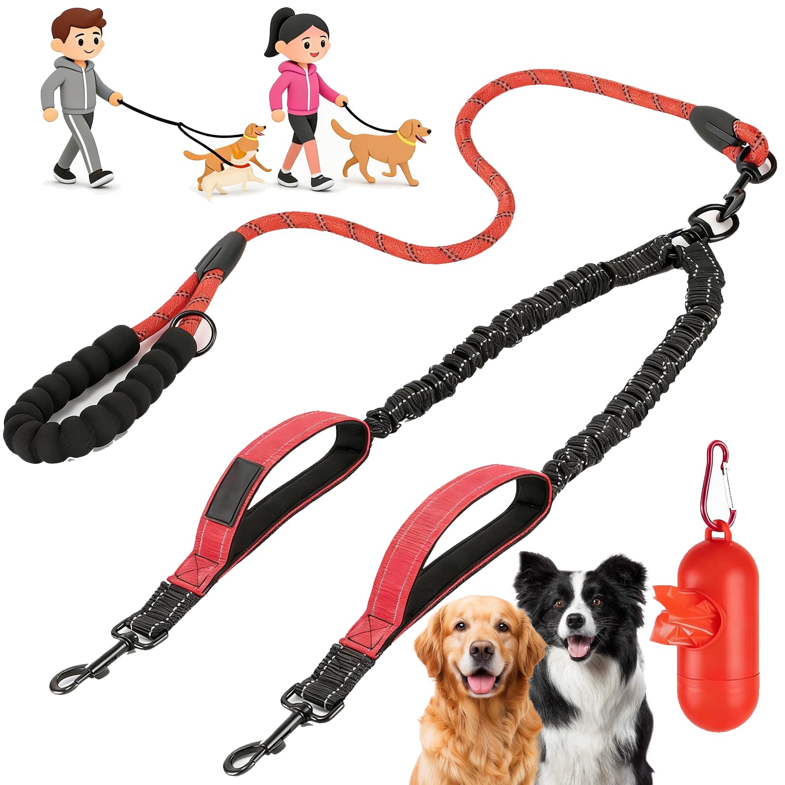 Norhogo 360° Swivel Heavy Duty Reflective Leash, Reflective Bungee Split Lead, Double Dog Lead for Walking 2 Dogs, Rope Bungee Dual Leash with a bin bag organiser, Red, 8-35lbs-M