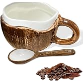 REIKOMO Coconut Shaped Ceramic Mug with Spoon, 10 oz Coffee Cup for Tea, Oatmeal, Hot Chocolate, Fun Gift Mug for Home or Office