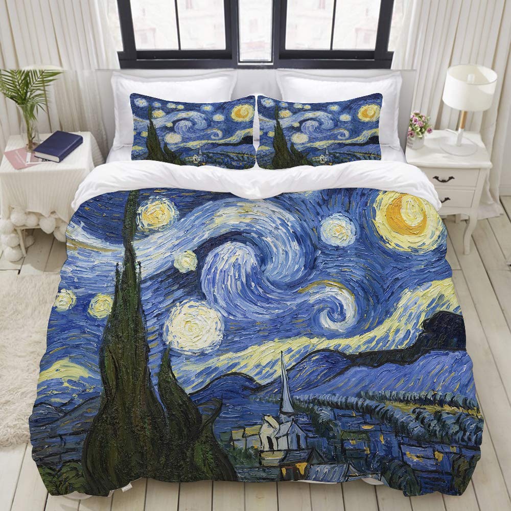 LONSANT Starry Night Van Gogh Oil Painting Studio Single Apartment Decorate Decorative Custom Design 3 PC Duvet Cover Set Queen/Full