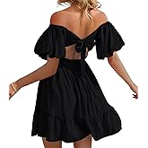 Phortric Womens Summer Tie Back Dress Square Neck Lantern Sleeve Off Shoulder Casual Mini Dresses