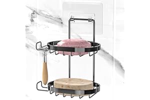 MASADI 2 Tier Soap Dish Holder, Soap Bar Holder with Hooks, Shampoo Bar Caddy for Shower Wall, Razor Holder for Shower, Bar Soap Container 304 Stainless Steel, Bathroom (Black)