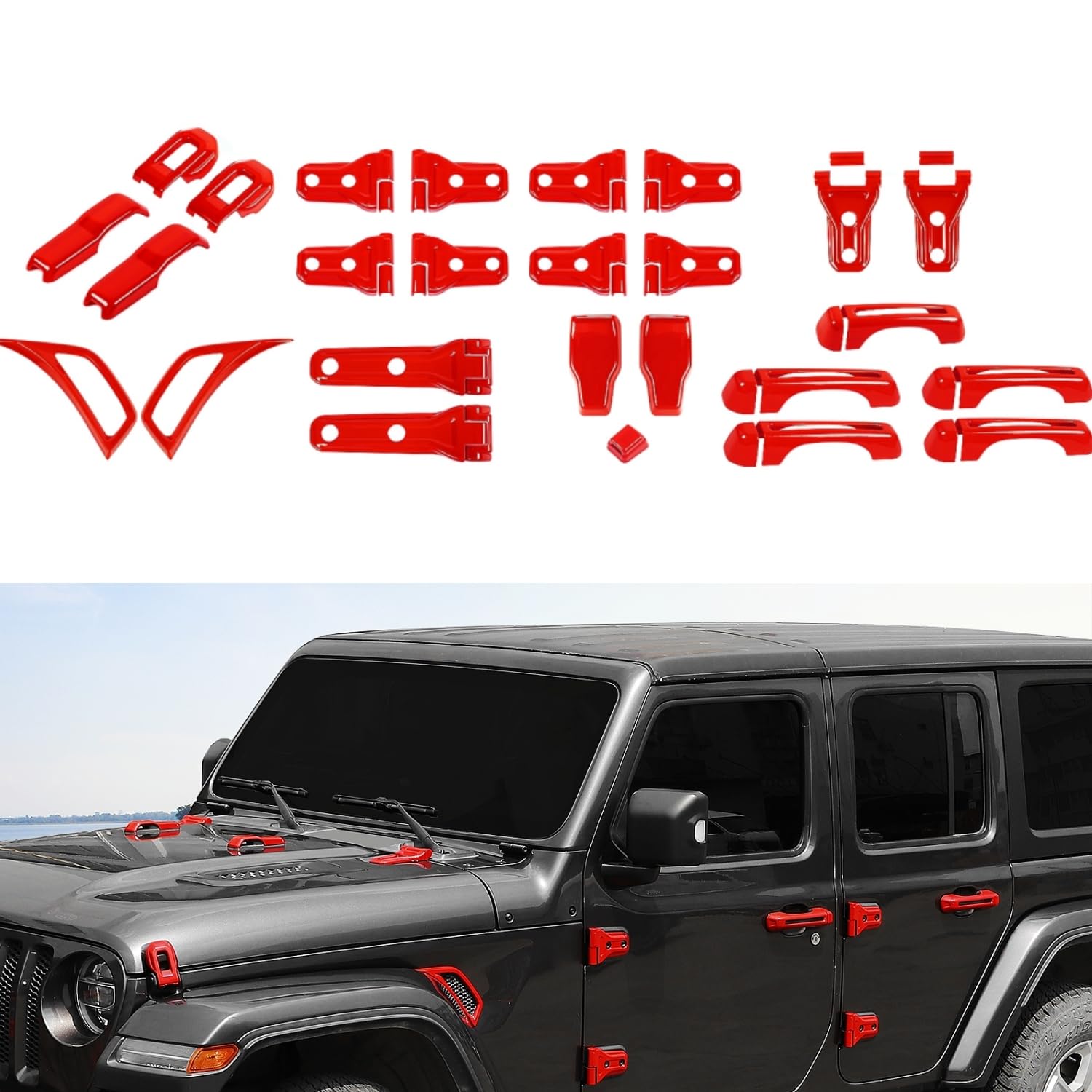 Photo 1 of Complete Exterior Cover Trim Kit for 2018–2026 Jeep Wrangler JL JLU, Full Coverage Door Handle Hood Hinge Hood Latch Side Air Vent Rear Tailgate Window Hinge Covers, 43PCS Red