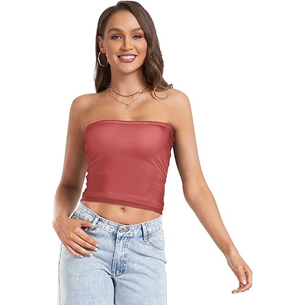 UMIRIKO Maroon Women's Strapless Hollow Out See Through Crop Top