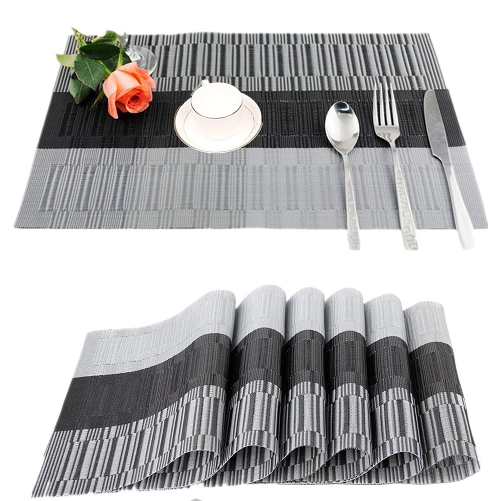 Fontic set of 6 placemats 30 x 45 cm, non-slip, washable, PVC table mats, tear-proof, heat resistant, dirt repellent and washable place mats for kitchen, dining table black / grey