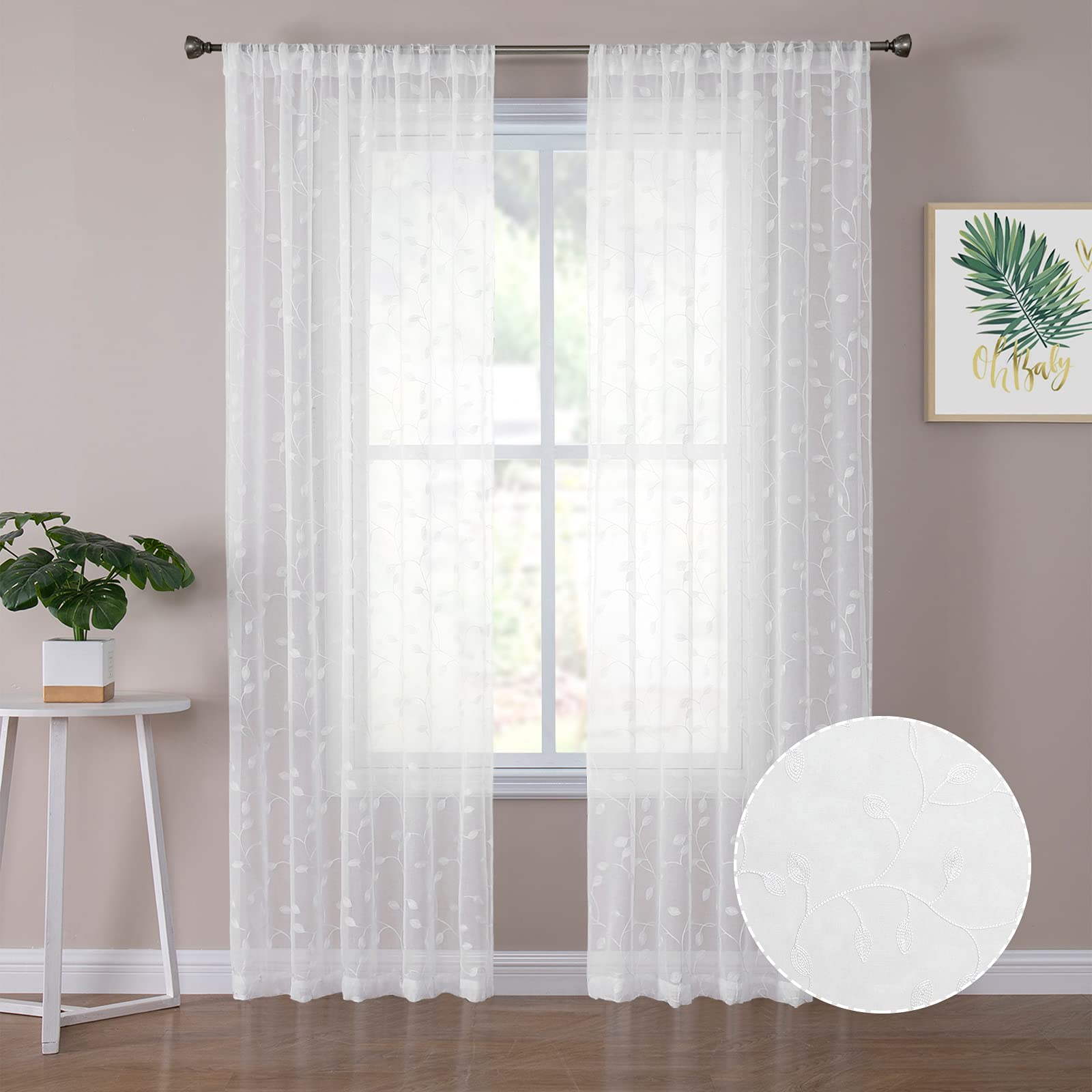 Tollpiz Leaves Sheer Curtain White Leaf Embroidery Bedroom Curtains Rod Pocket Voile Faux Linen Embroidered Leaves Curtain for Living Room, 54 x 84 inches Long, Set of 2 Panels
