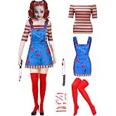 Xtinmee 5 Pcs Women Killer Doll Halloween Costume Set Creepy Doll Cosplay | Rainbow Striped Top, Cartoon Dress, Knee High Sock, Prop Knife, Tattoo Sheet, Horror Outfit for Halloween Cosplay Party