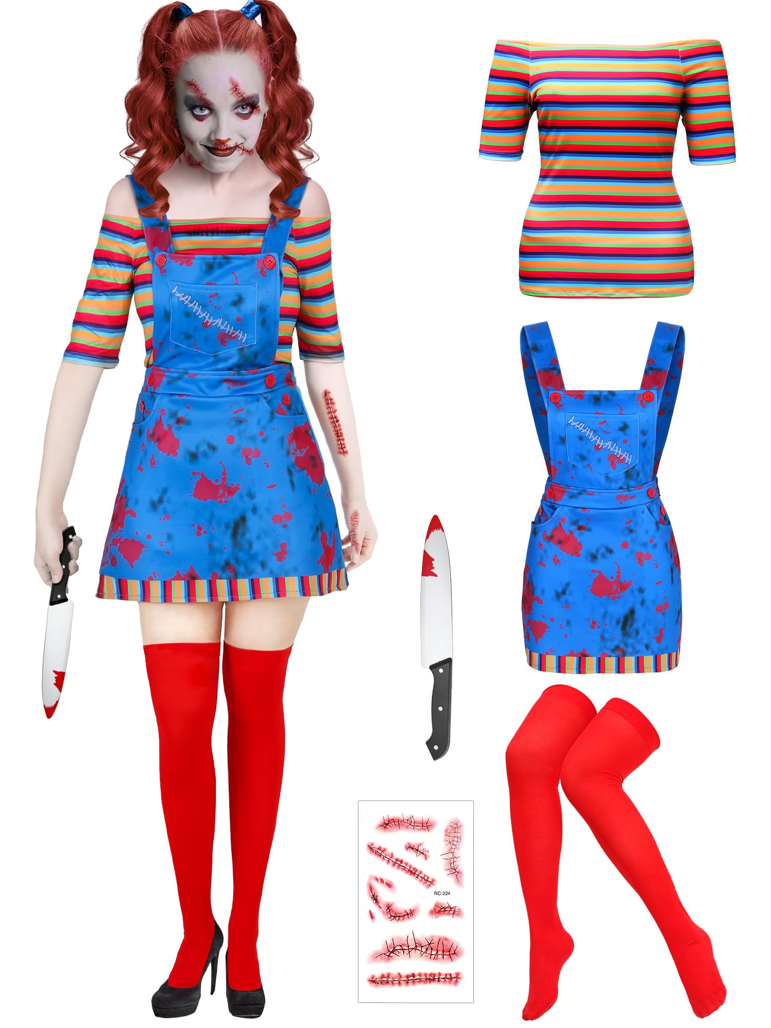 Photo 1 of Xtinmee 5 Pcs Women Halloween Nightmare Killer Doll Deluxe Costume Rainbow Stripe Nice Guy Cosplay Movie Character Outfit(X-Large)