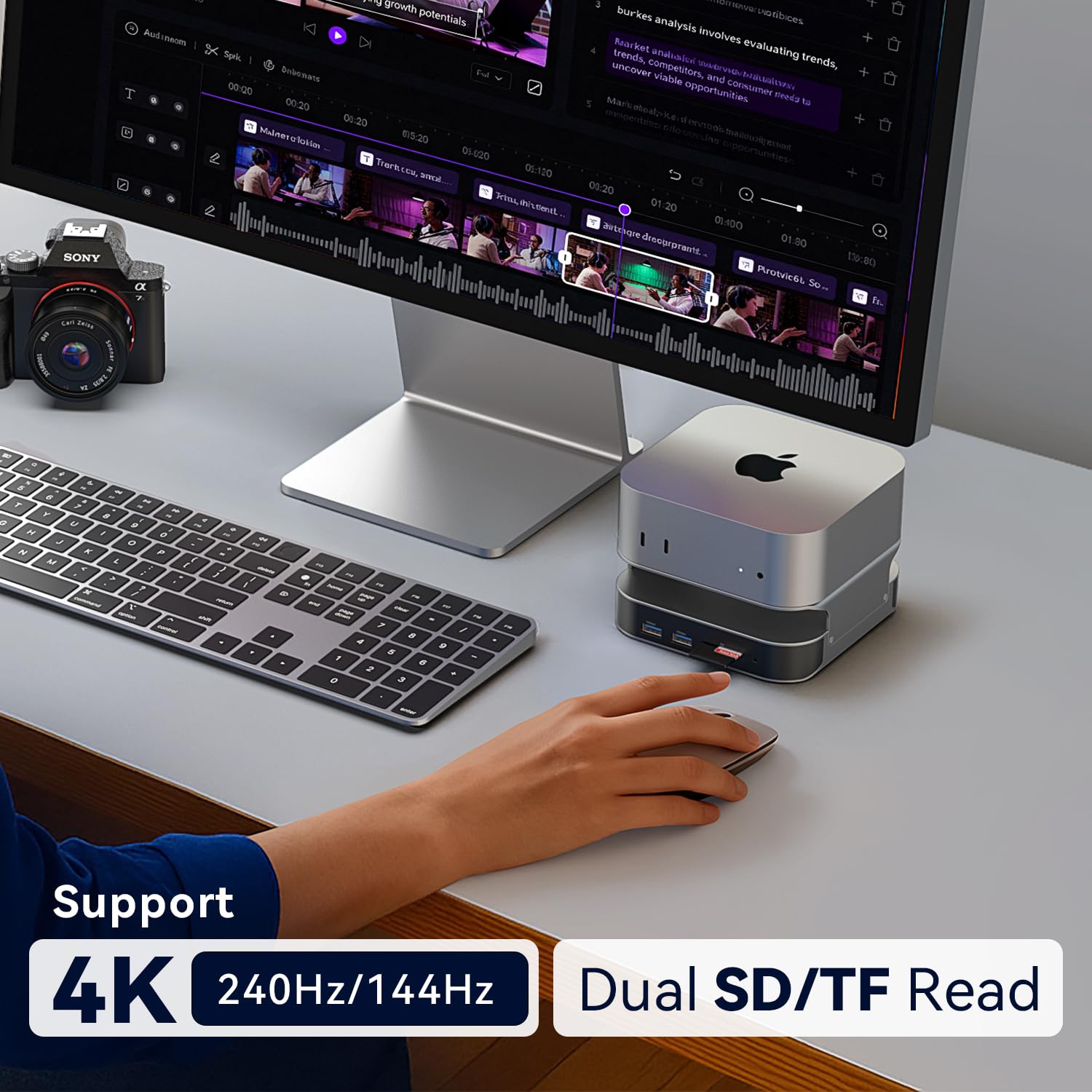 VENTION Mac mini M4 Dock 10-in-1, Aluminium-Stand für M4/M4 Pro mit NVMe SSD-Enclosure, 4K@240Hz/144Hz HDMI, 10 Gbps USB-A & USB-C Dockingstation, SD/TF-Kartenleser, Dual Audio Ports, Silber 3