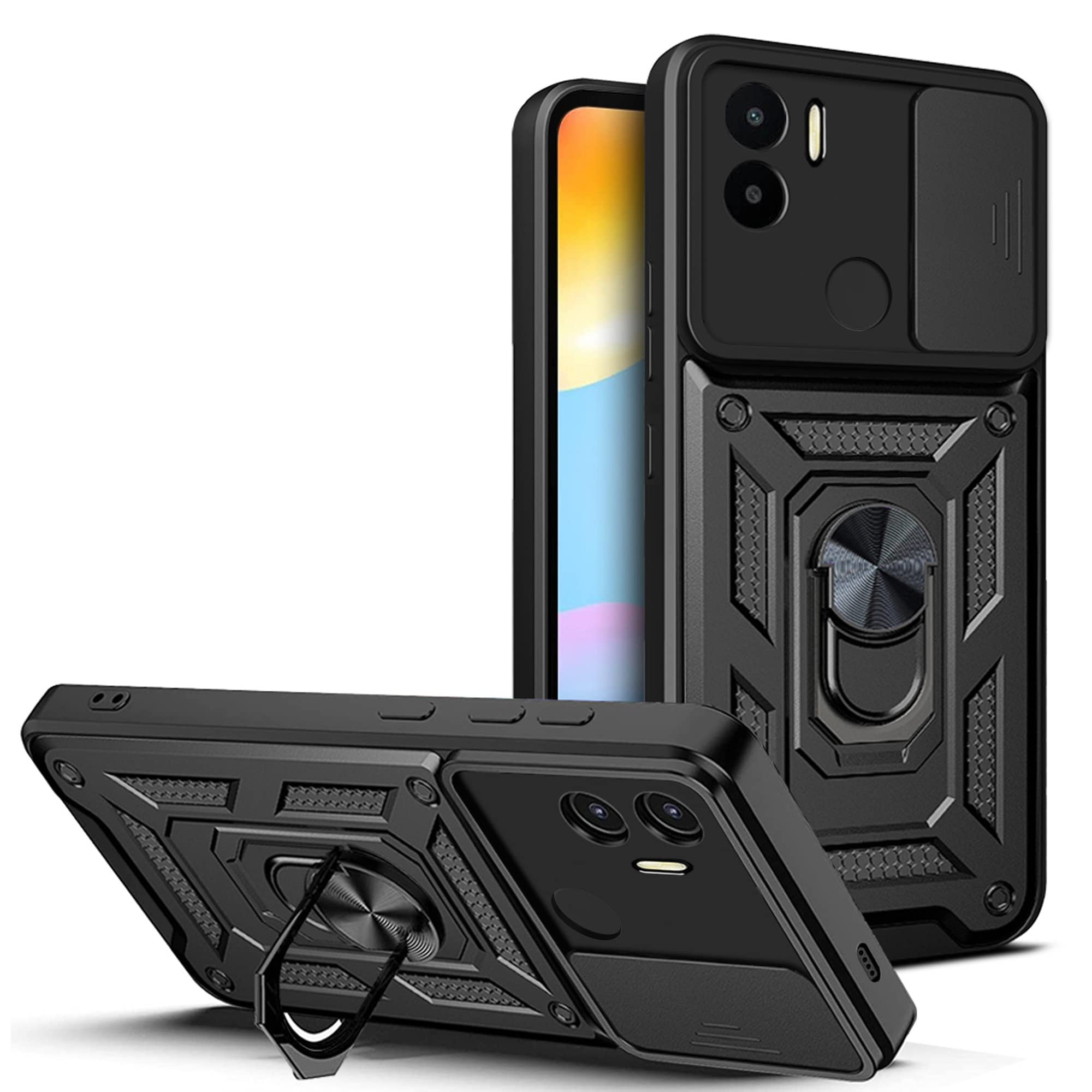 ESTH® Case for Xiaomi Redmi A1 Plus with Slide Camera Cover, Military Grade Shockproof Protective Cover with Rotatable Metal Ring Kickstand [Support Magnetic Car Mount], Black