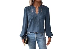 Falechay Womens Tops V Neck Boho Long Sleeve Shirts Swiss Dot Chiffon Blouses Flowy Lace Crochet Clothing Casual Trendy Tunic