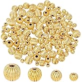 PH PandaHall 120pcs 18K Gold Spacer Beads 4 Sizes Corrugated Round Beads 3/4/5/6mm Metal Brass Spacer Beads Lantern Ball Loose Beads Pumpkin Beads for Earring Necklace Bracelet Jewelry Making