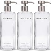 Clear Shampoo and Conditioner Dispenser Set by Brighter Barns - 16oz Shampoo Dispenser for Shower - Refillable Shower Soap Bottle in Minimalist Bathroom, Hotel, Guest House, Spa, Gifts (Clear/Silver)
