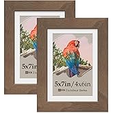 VCK 5x7 Picture Frame 2 Pack, Natural Wood Grain Brown Walnut & HD Glass, Display 4x6 Photos with Mat or 5x7 without Mat, Tabletop or Wall Hanging