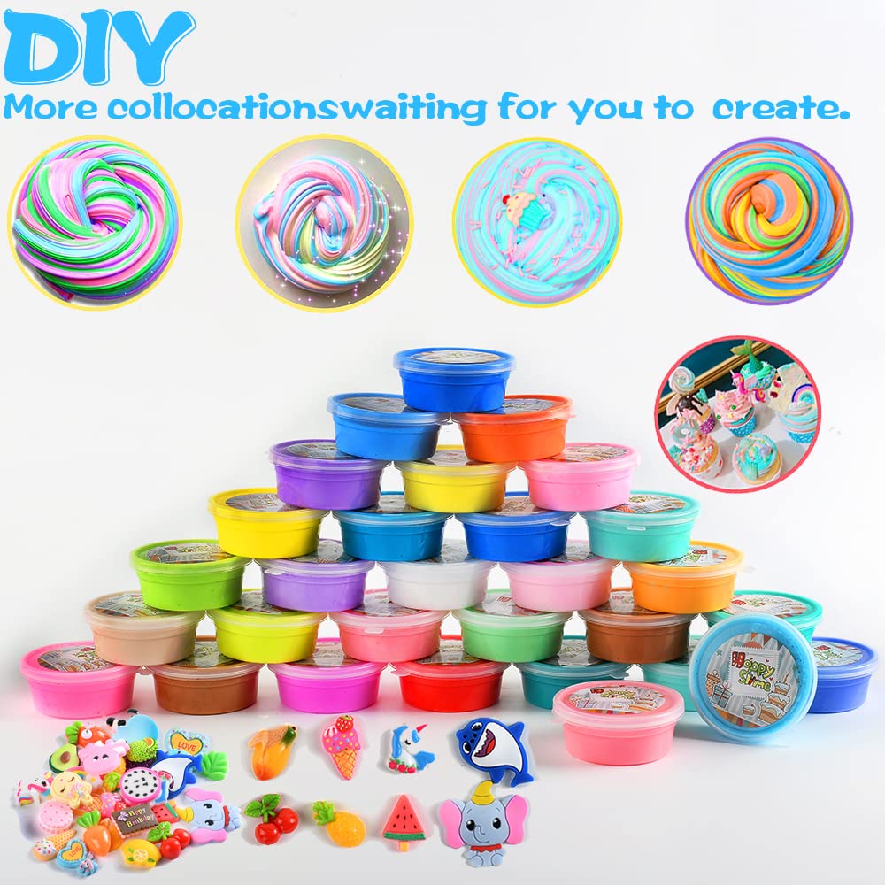 30 Pack Party Favor Slime Kit Fidget Toys, Super Soft and Non-Sticky, 30 Slime Charms, Rainbow Beads,Great for Kids Students Stress Relief Easter Basket Stuffers