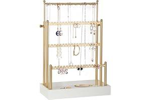 Tirzah 3-Tier Adjustable Earring Necklace Holder Organizer Stand, Gold Jewelry Display Tree with 105 Slots, 10 Double-Sided H