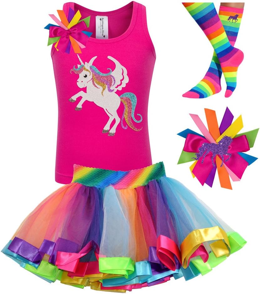 Bubblegum Divas Girls Unicorn Shirt Rainbow Tutu Birthday Gift Set (4 Pieces)