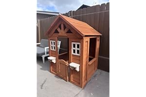 AOCOROE Wooden Playhouse for Age 3-6 Years Boy Girl, Outdoor Cottage Playhouse with Door, 2 Windows, 3 Serving Station, Shelf & Flowerpot Holder, Outdoor Garden Lawn Patio Yard Cottage for 3-6 Age Boy Girl.