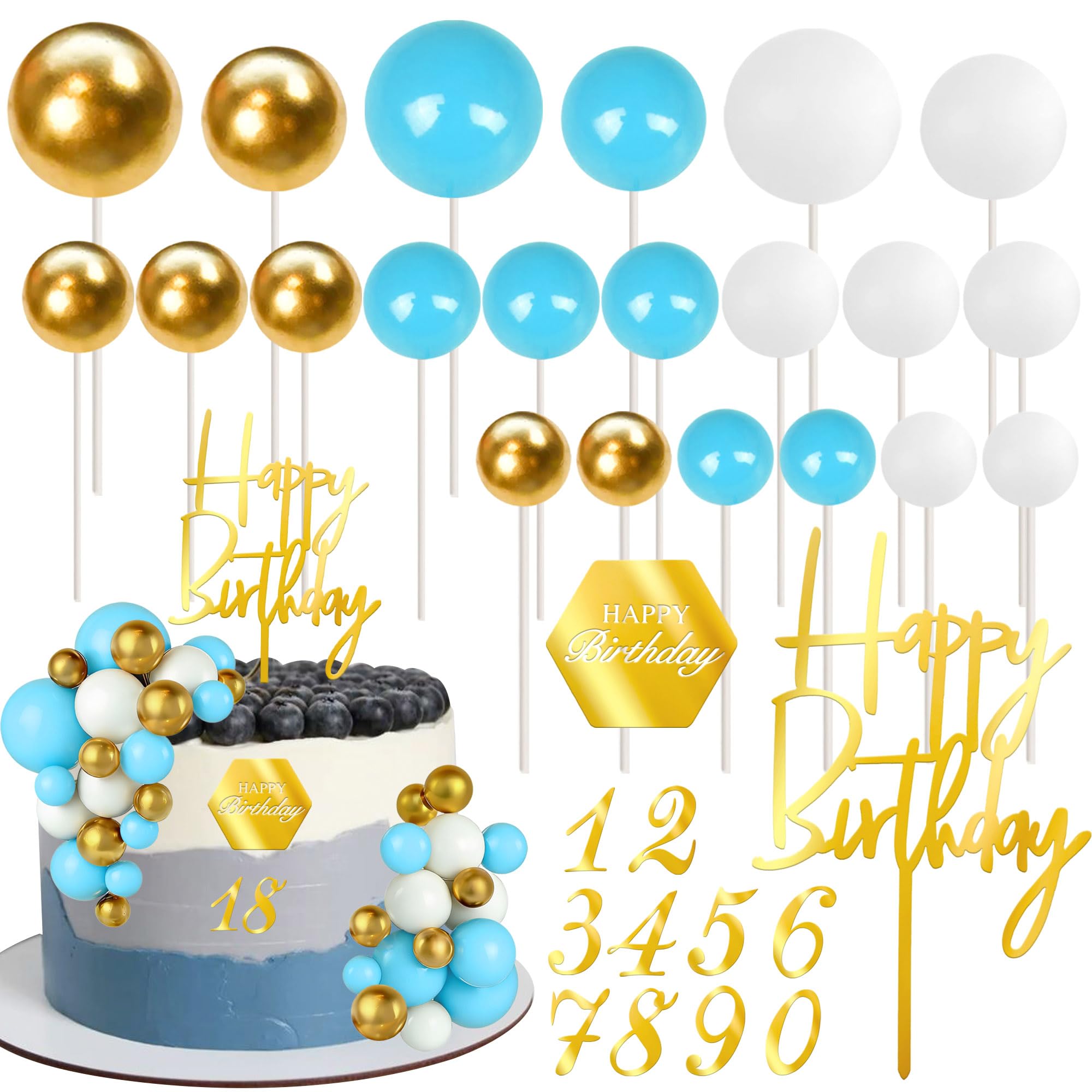 SYKYCTCY 48 Pack Ball Happy Birthday Cake Toppers Acrylic Numbers Cupcake Toppers Foam Ball Shaped Cake Picks DIY Balloons Cake Insert Topper for Wedding Party Cake Decorations Supplies
