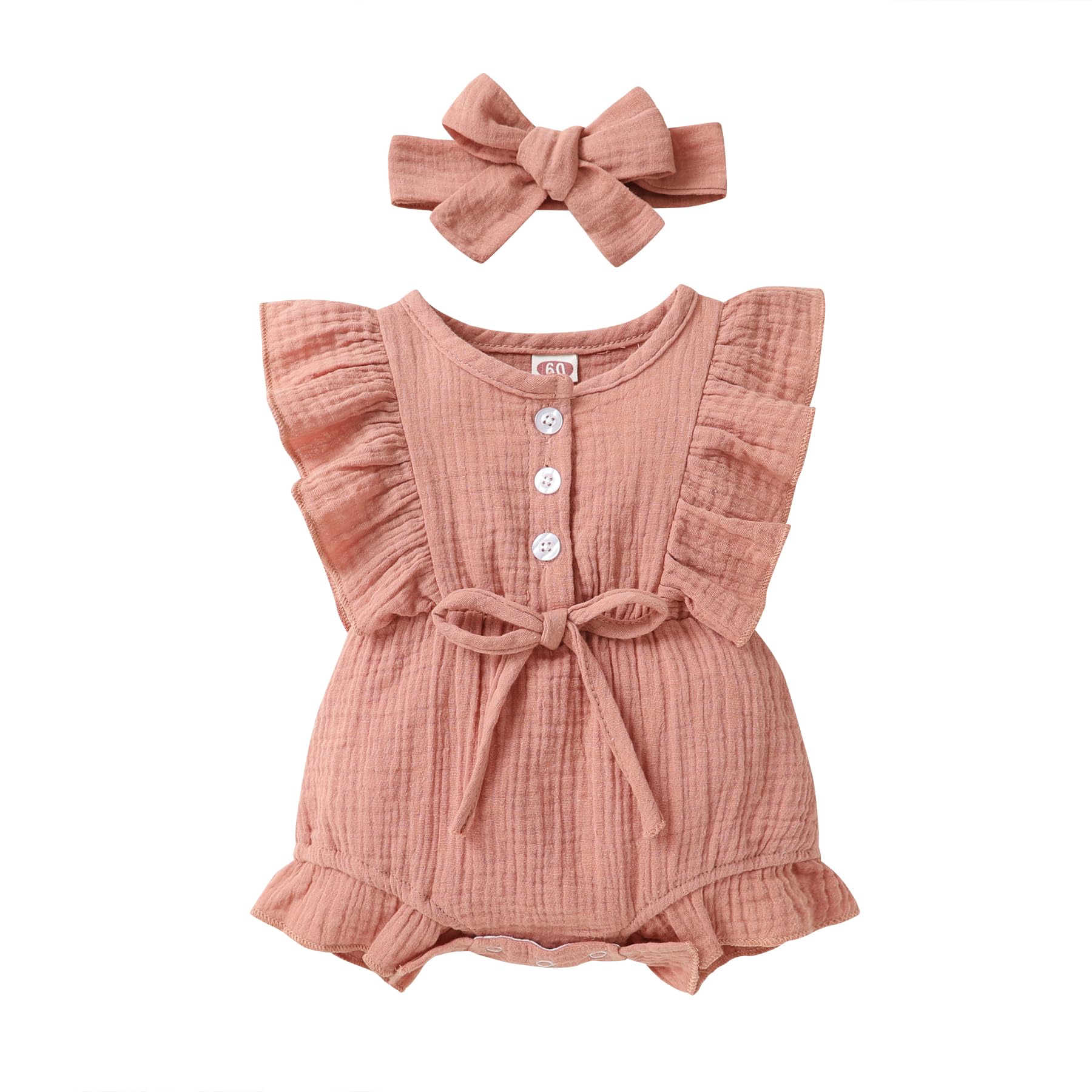 Photo 1 of YOUNGER TREE Toddler Baby Girl Ruffled Sleeveless Romper Casual Summer Jumpsuit Cotton Linen Clothes (Button Dark Pink, 12-18 Months)