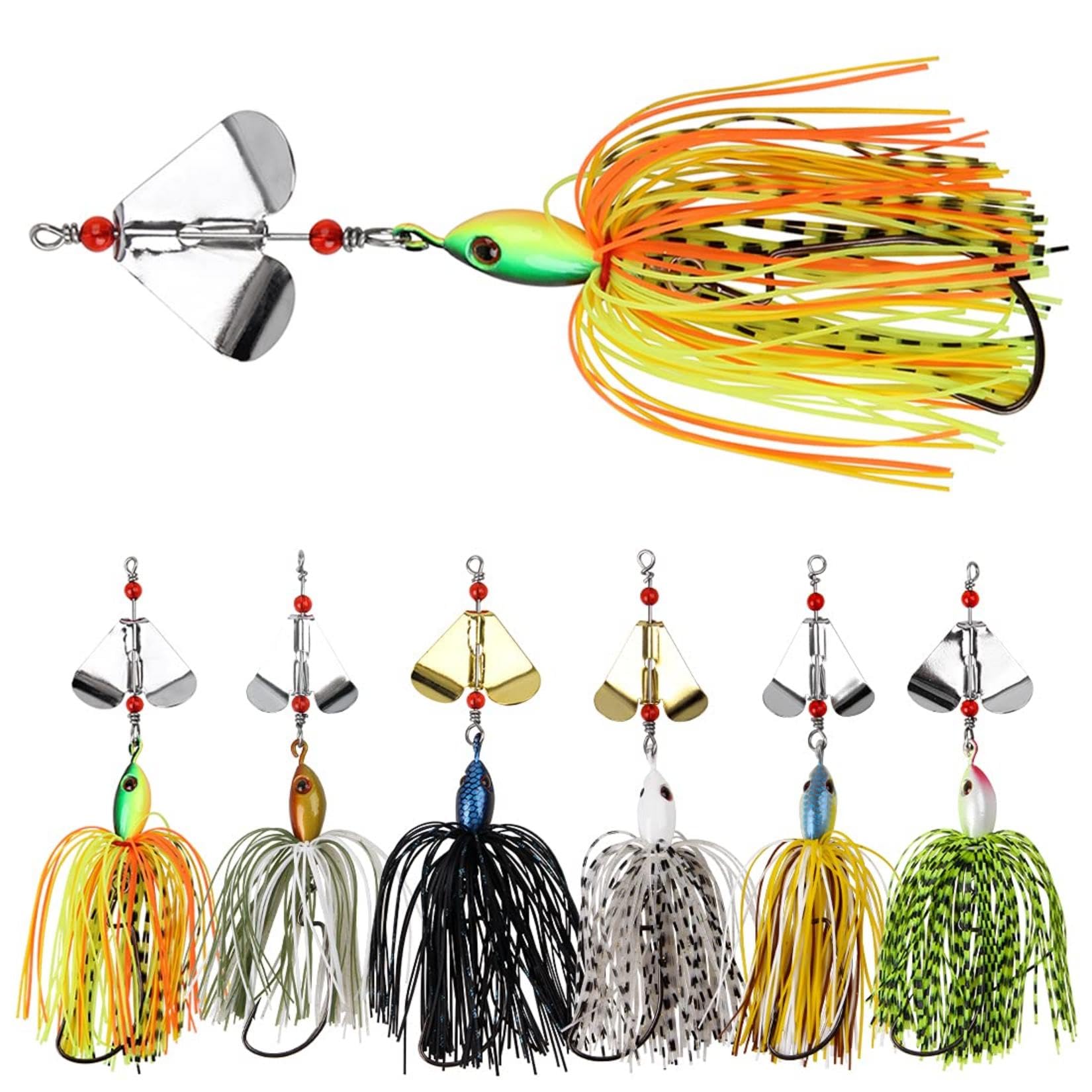 Spinnerbait Fishing Lures Kit Set, 6pcs Bass Fishing Buzzbait Multicolor Bass Trout Salmon Metal Spinner Baits Swim Jigs Freshwater Saltwater