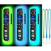 3Pcs Case Cover for ROKU TV Remote (Glow in The Dark), Bring 3PCS Hanging Ropes, Protective Silicone Skin Case (Blue+Green+Sk