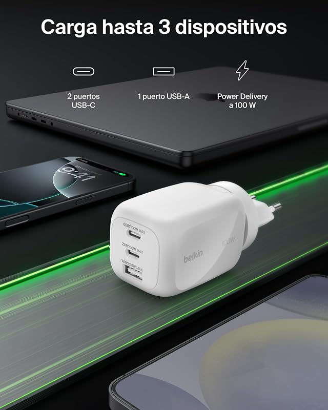 Cargador USB-C, 3 Puertos, Cargador GAN de 100 W, 2 USB-C y 1 USB-A, Enchufe EU, UK, USA, Carga Rápida para MacBook, iPhone, iPad Pro, Samsung Galaxy, Google Pixel, etc - Blanco