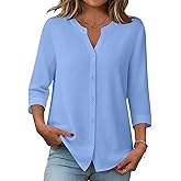 Zeagoo Button Down Shirts for Women 3/4 Sleeve Linen Cotton V Neck Tops Dressy Casual Loose Work Blouses