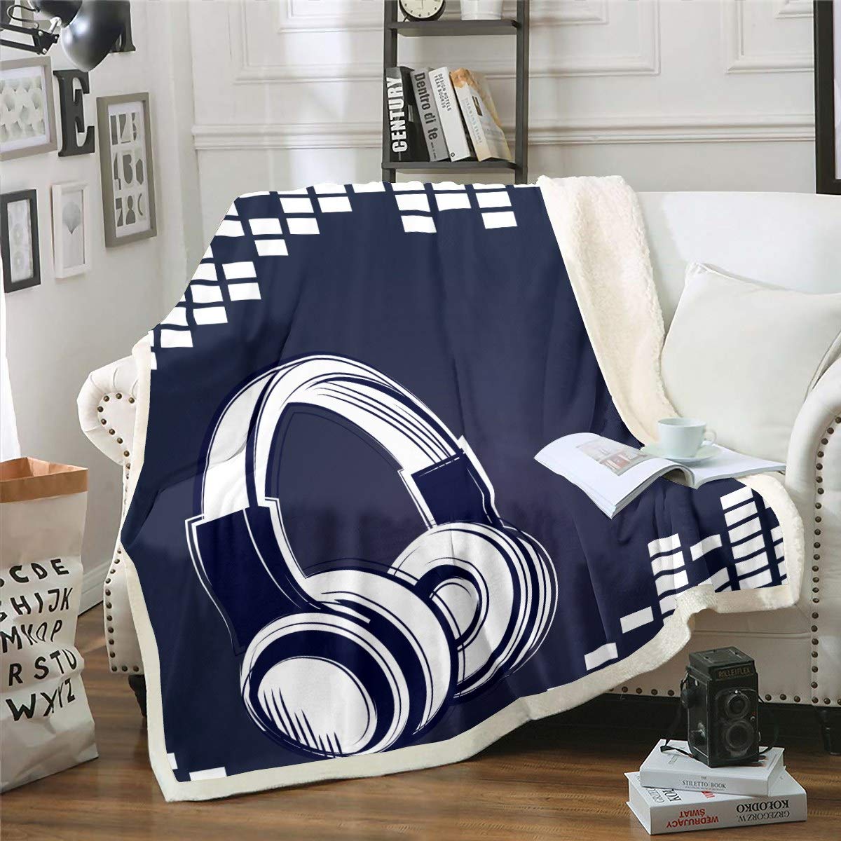 Loussiesd Fuzzy Sherpa Blanket - Music Themed Geometric Pattern Fleece Throw for Sofa, Bed, Couch - Black & White - Double 60"x79" — image 1