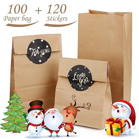 AODOOR Kraftpapiertüten, 100 Kleine Braune Papiertüten Papierbeutel Kraftpapier für Geschenktüten, Gastgeschenke, Weihnachts-