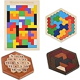 4 Pieces Wooden Hexagon Puzzle,Wooden Tangram Block Puzzle Brain Teaser Toy 3D Russian Blocks Game Geometry Logic Game Blocks