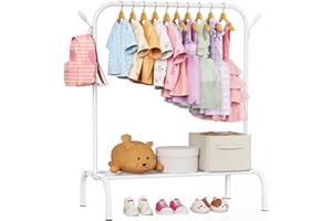 FLOUREE Upgraded Kids Clothing Rack - Dress Up Clothes Rack Baby Toddler Montessori Wardrobe- Small Portable Garment Racks with Storage Shelf and Hooks - for Costumes, Princess Dresses & Shoes, White
