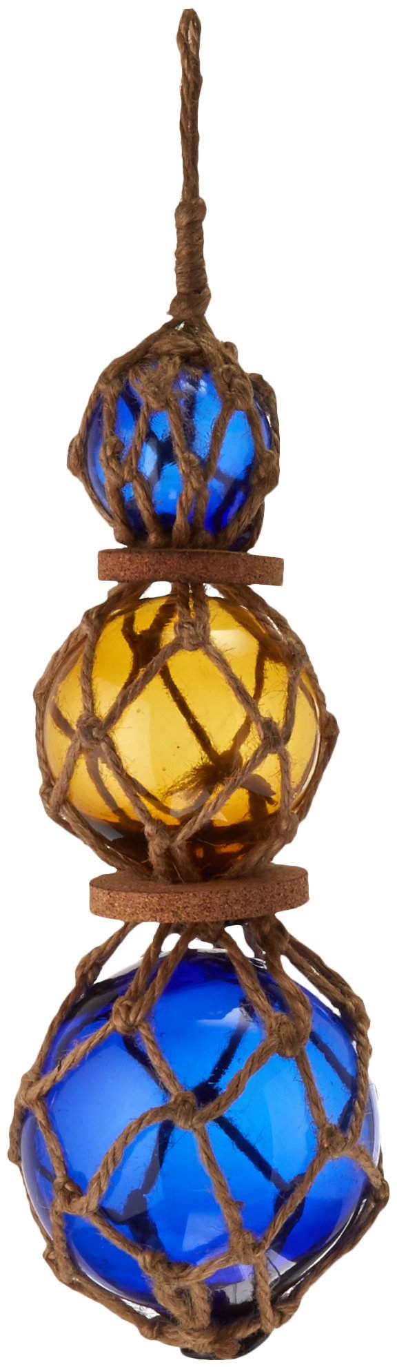 Hampton Nautical Amber-Blue Japanese Ball Fishing Floats with Brown Netting Decoration 11"-Glass Buoy