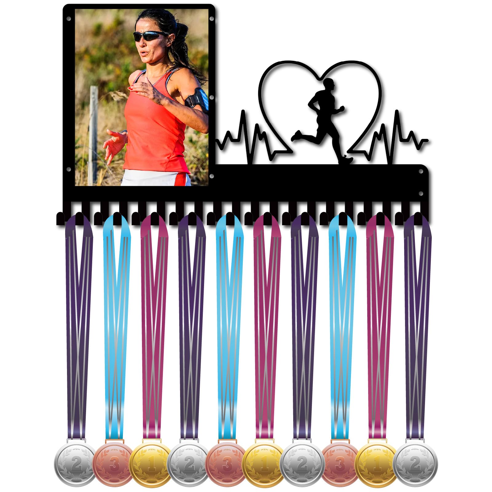 CREATCABIN Running Medal Hanger Display Heartbeat Run Medal Holder with Photo Frame Sports Wall Rack Case Metal Black Hanging Awards Mount Lanyard Organizer for Runner Marathon Athlete 16.5x9.8Inch