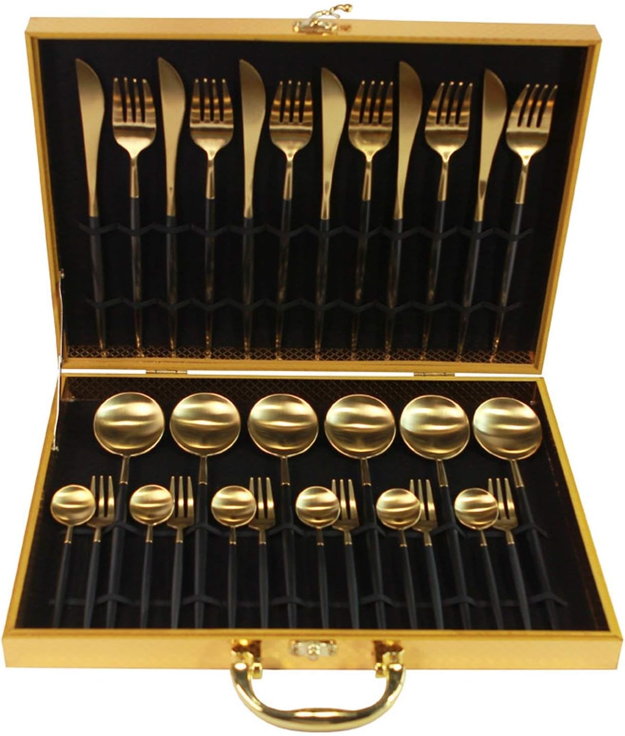 KuBac 30 Pieces Black Gold Dinnerware Set 18/10 Stainless Steel Dinner Knife Fork White Gold Cutlery Set Pink With Giftbox,ALL GOLD(30-Pieces)
